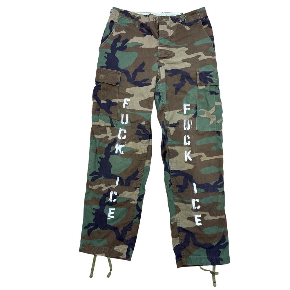 Custom F*** ICE Military BDU Small short 31x29 cargo double knee forest camo